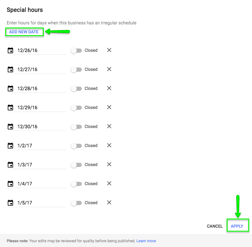 Add special hours google my business