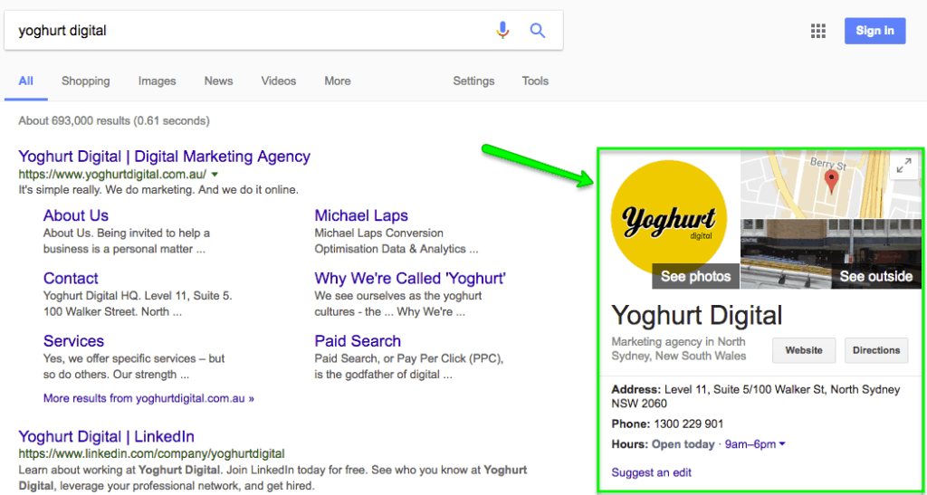 Google My Business listing example