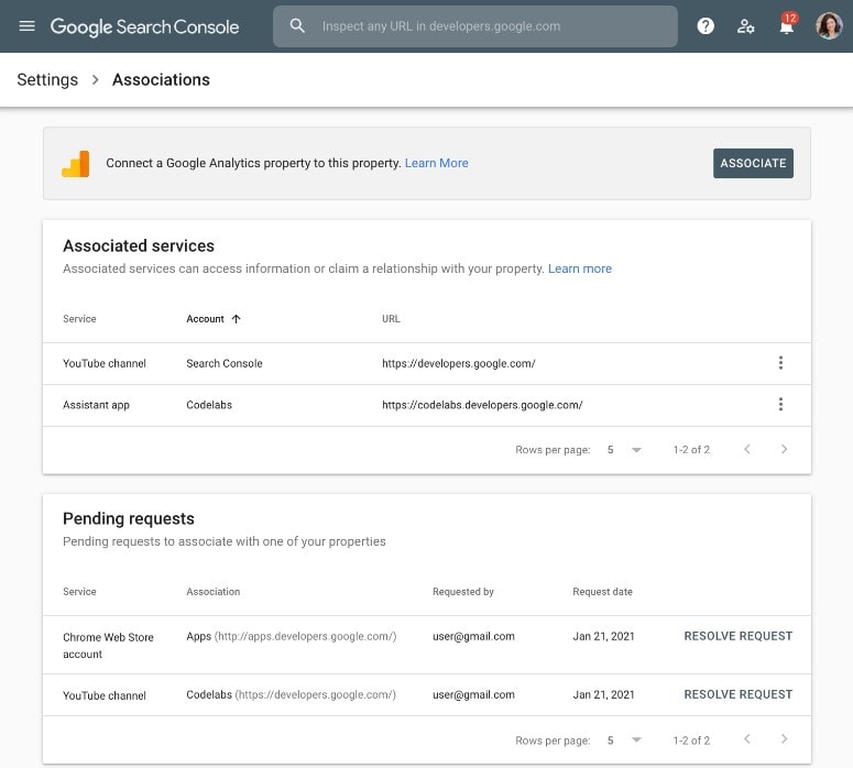 New Google Search Console Associations Screenshot