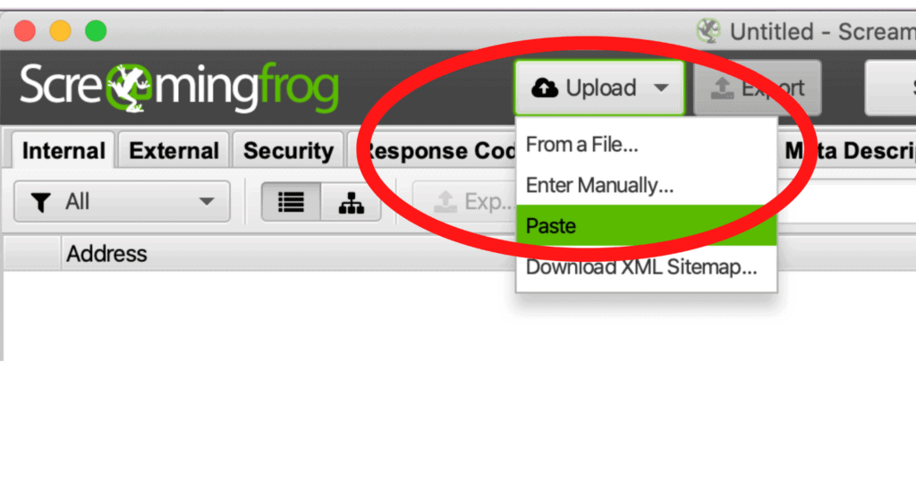Back in Screaming Frog, Click ‘Upload’ and ‘Paste’
