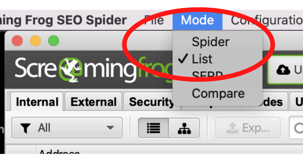 Open Screaming Frog and change the ‘Mode’ to ‘List’.